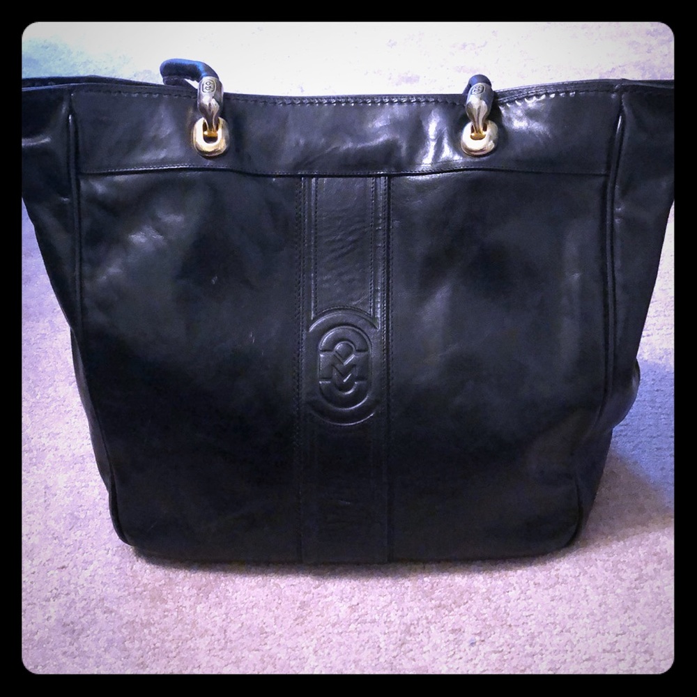 Black Italian leather large tote purse